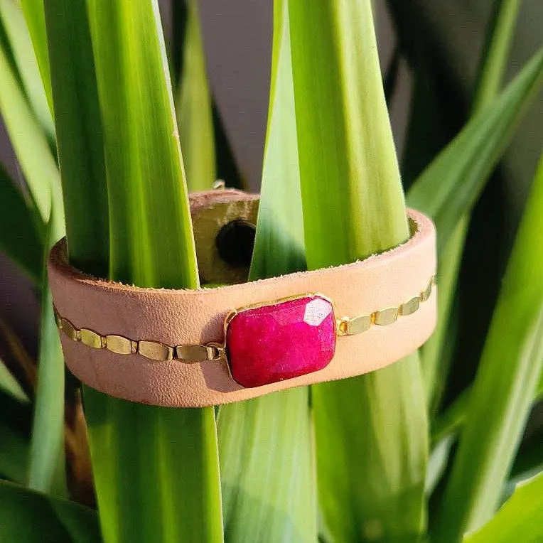 Royal Hippie by Robin Moratti - Natural Buff Ruby Leather Cuff Bracelet