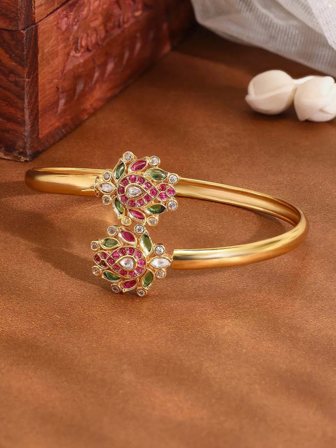 Rubans 18K Gold-Plated Ruby Kundan Studded Openable Bangle