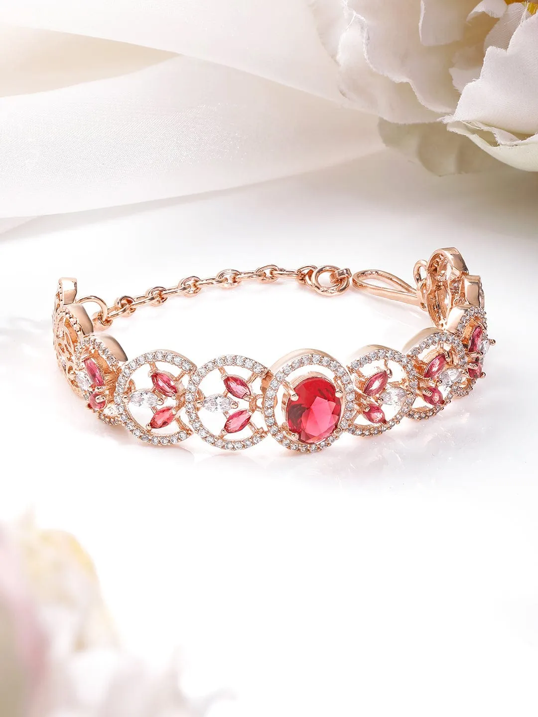 Rubans 18K Rose Gold-Plated Ruby Red & Cubic Zirconia Studded Premium Bracelet