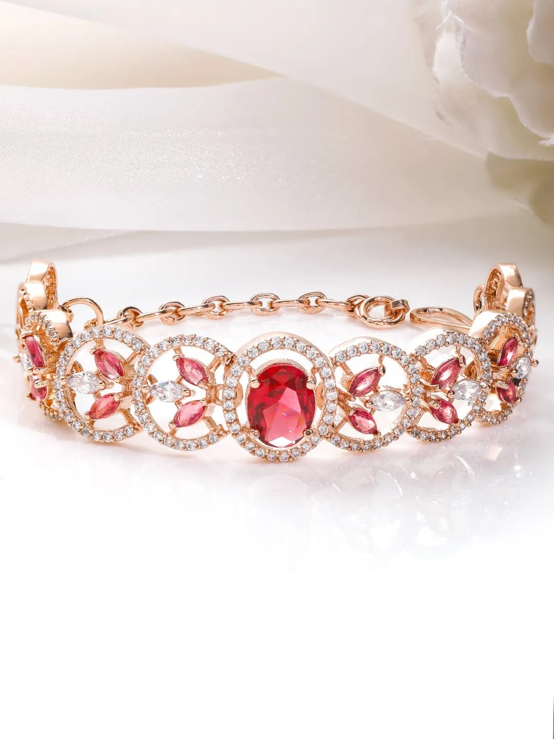 Rubans 18K Rose Gold-Plated Ruby Red & Cubic Zirconia Studded Premium Bracelet