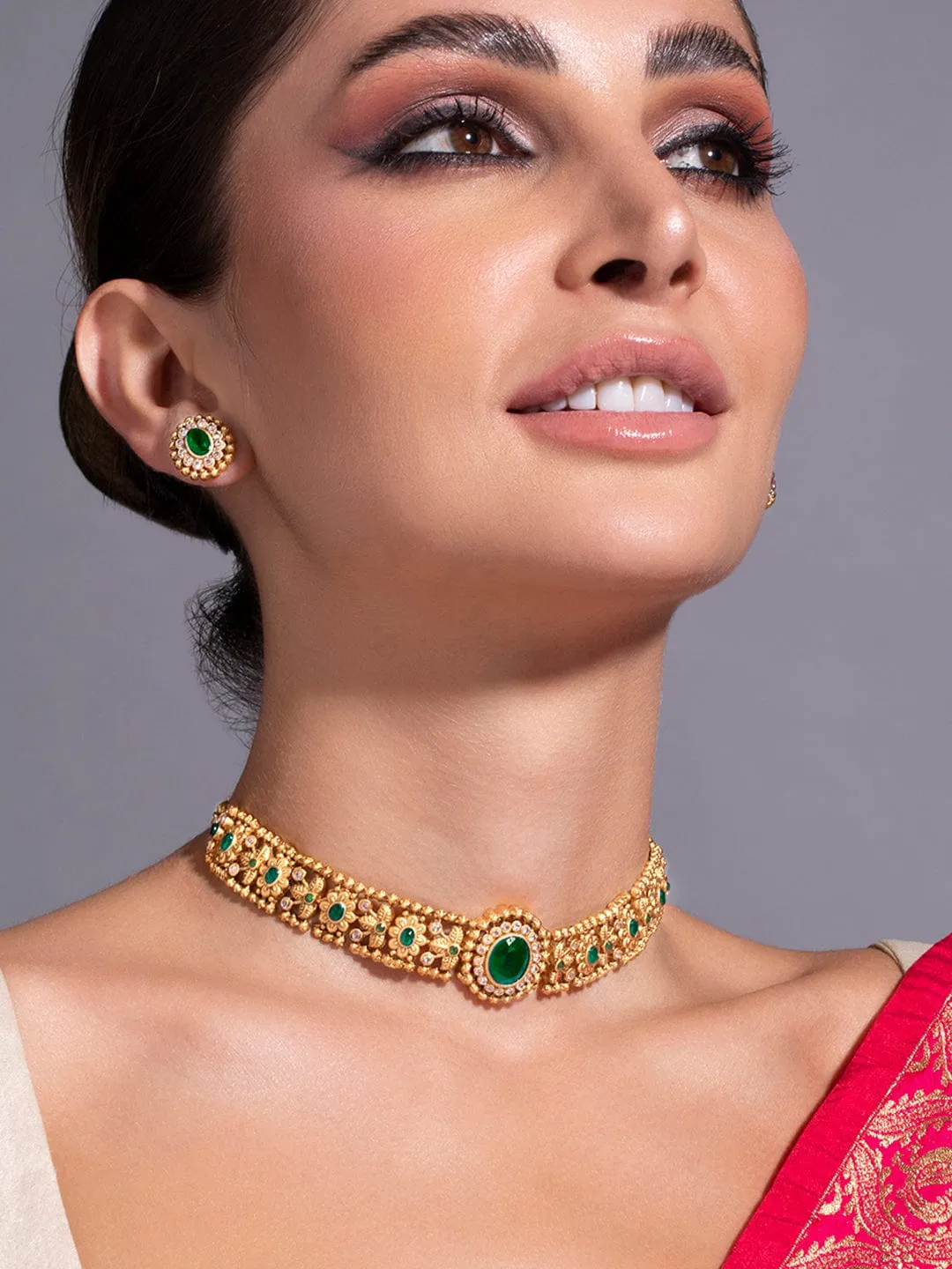 Rubans 24K Gold-Plated Emerald -Studded Jewellery Set