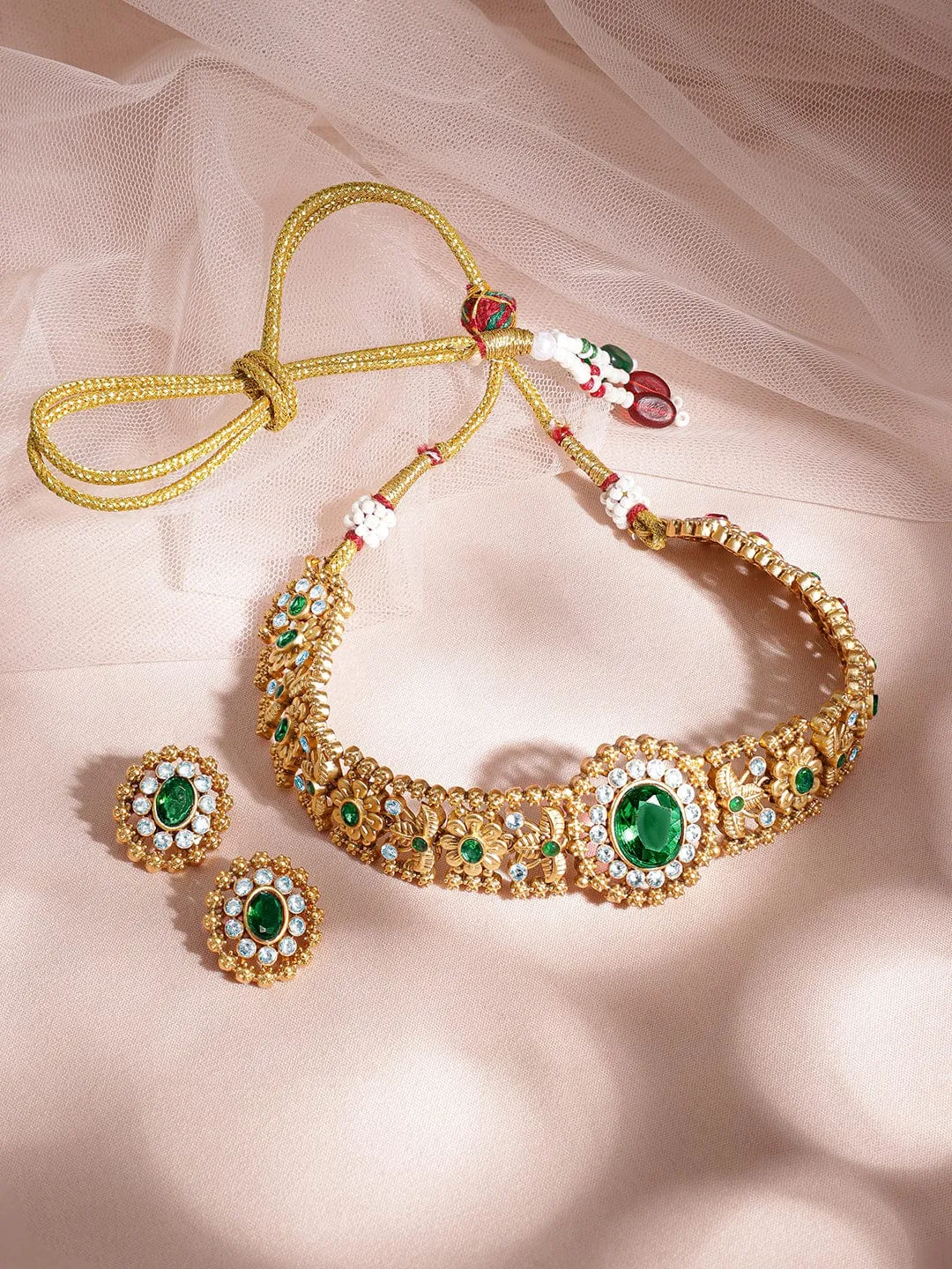 Rubans 24K Gold-Plated Emerald -Studded Jewellery Set