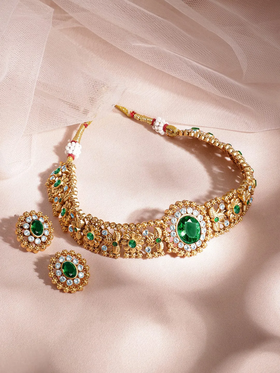 Rubans 24K Gold-Plated Emerald -Studded Jewellery Set