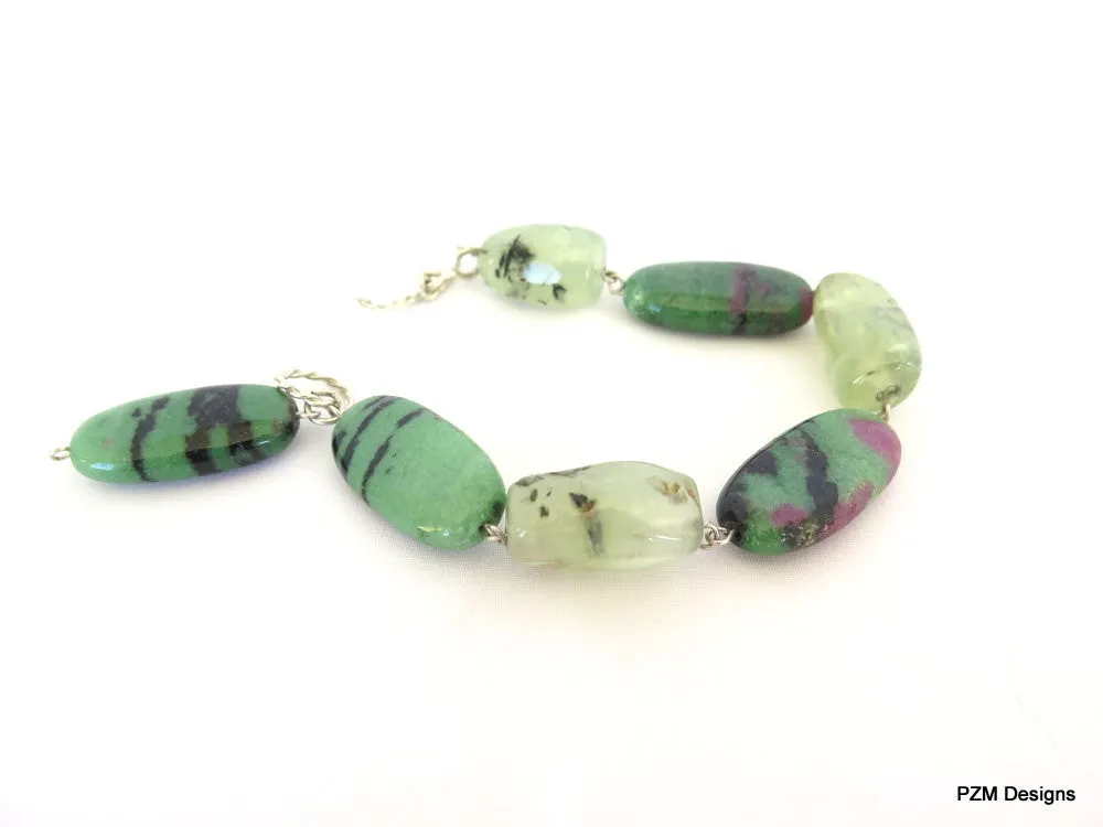 Ruby Zoisite Bracelet with Large Prehnites Set in Sterling Silver