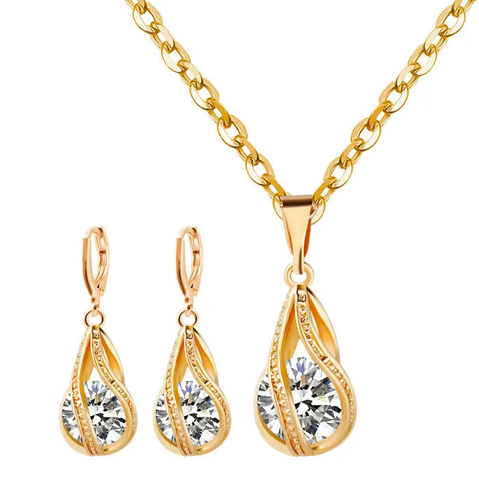 S163 Korean simple zircon Drop Necklace Earrings set new bride wedding