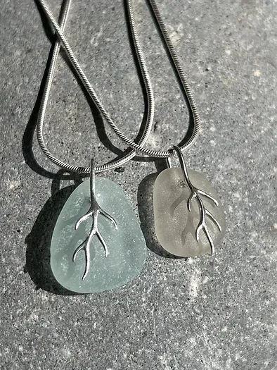 Seaglass and silver coral branch necklace