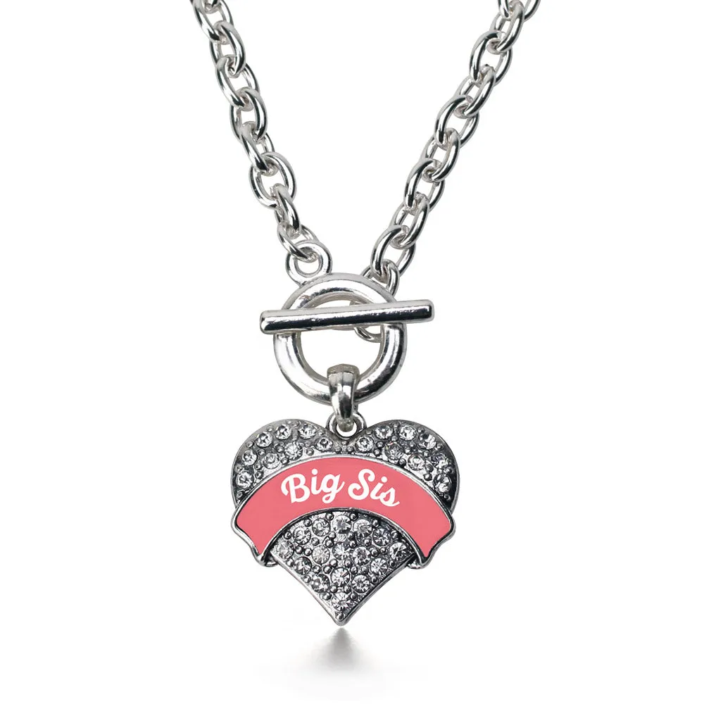 Silver Coral Big Sister Pave Heart Charm Toggle Necklace