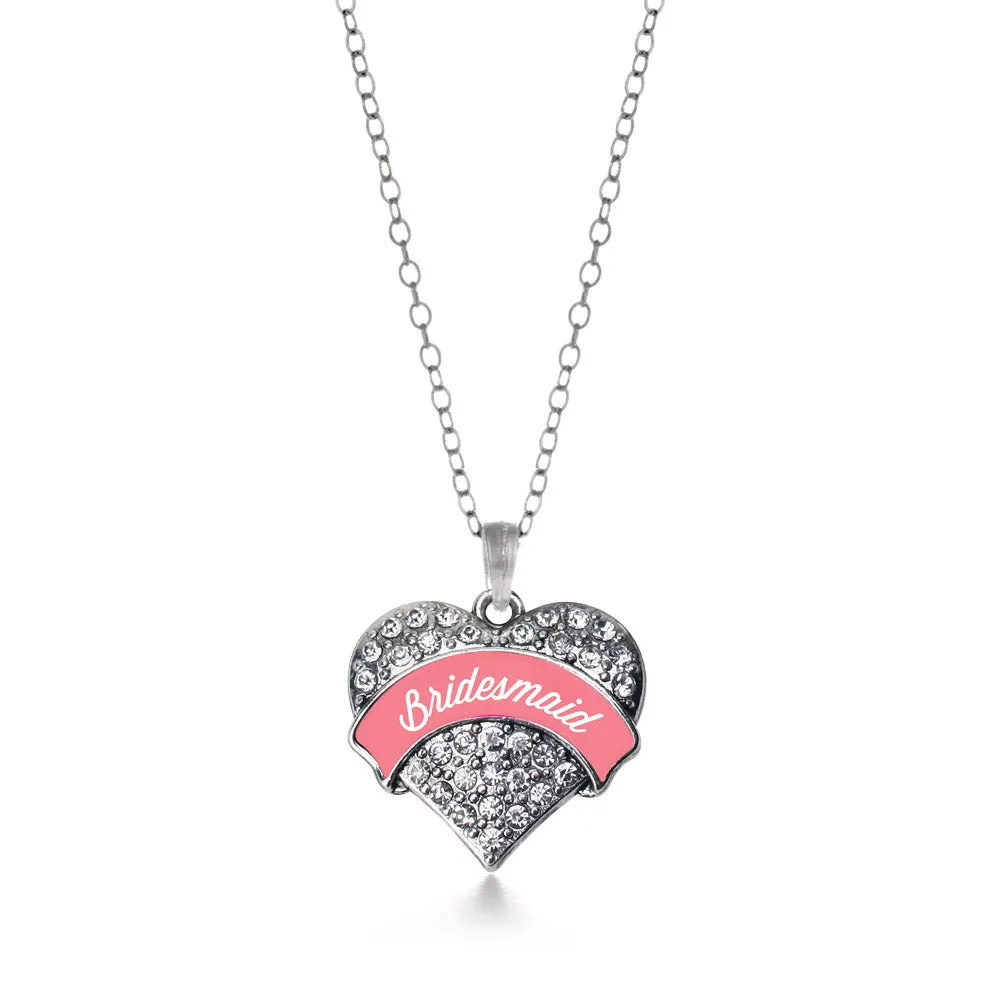 Silver Coral Bridesmaid Pave Heart Charm Classic Necklace