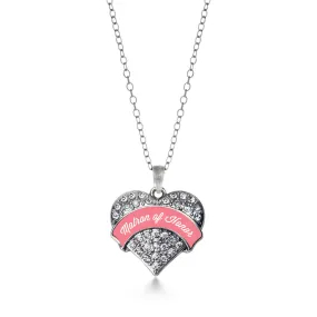 Silver Coral Matron of Honor Pave Heart Charm Classic Necklace