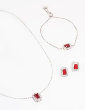 Silver Ruby Diamond Simulant Halo Jewellery Set