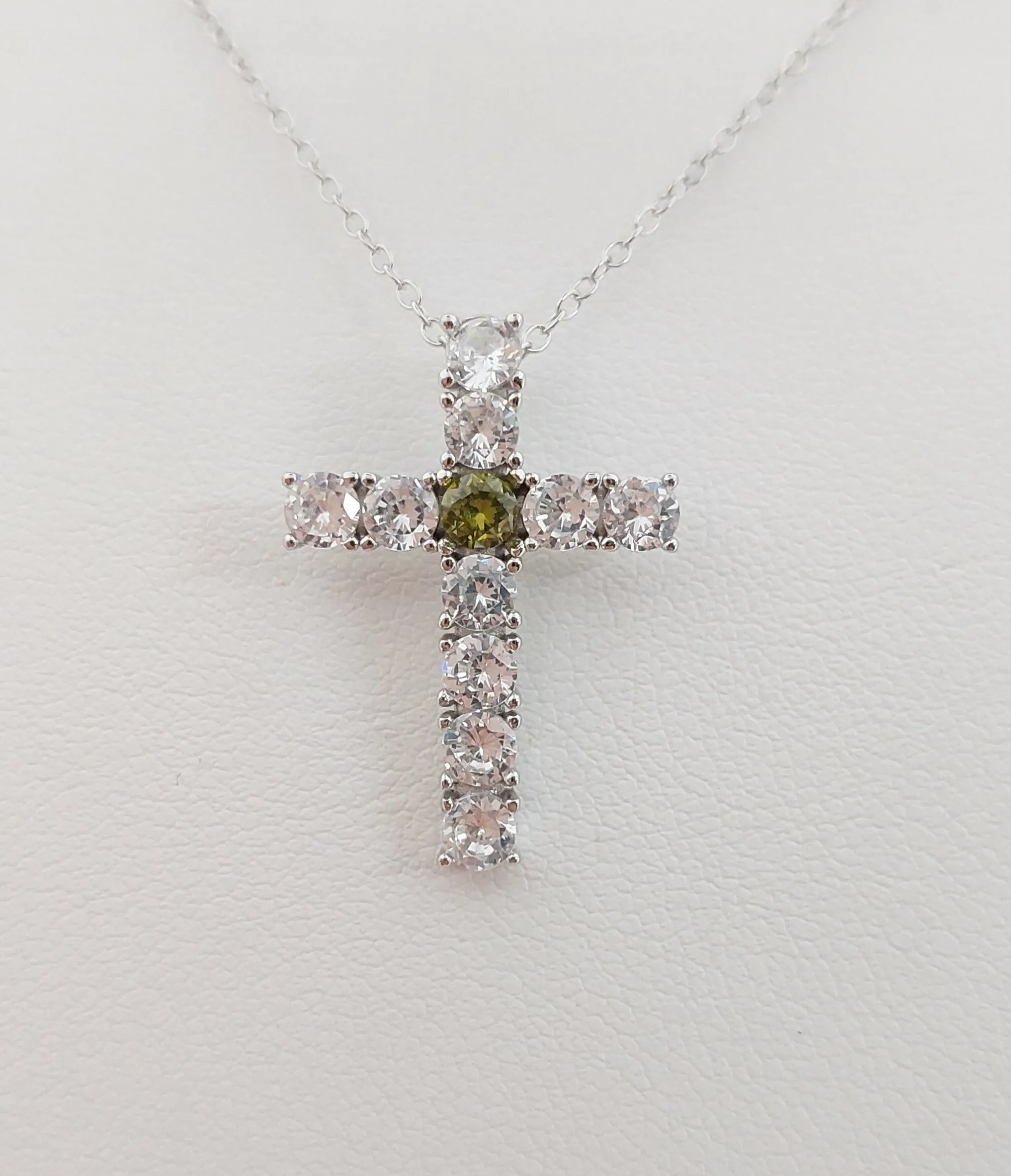 Silver Simulated Peridot/Diamond Cross Necklace