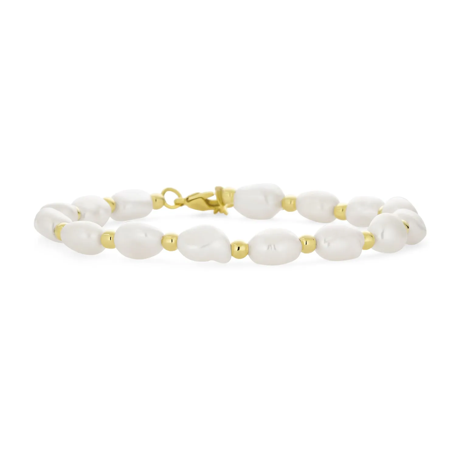 Simple Bridal White Freshwater Pearl Strand Bracelet 18K Gold Plated 6.5-8.5 Inch