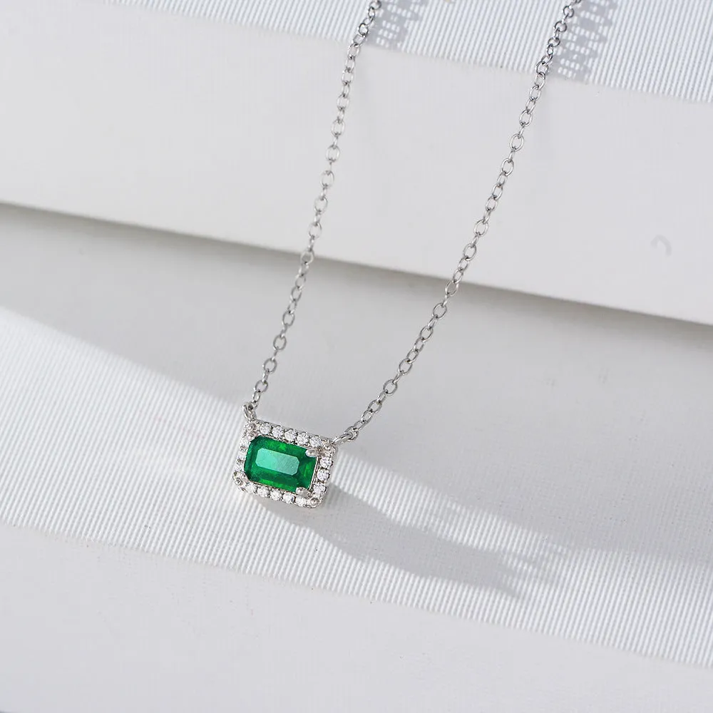 Soleste Halo Emerald Zircon Pendant Sterling Silver Collarbone Necklace for Women