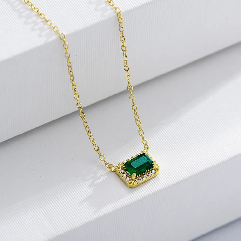 Soleste Halo Emerald Zircon Pendant Sterling Silver Collarbone Necklace for Women