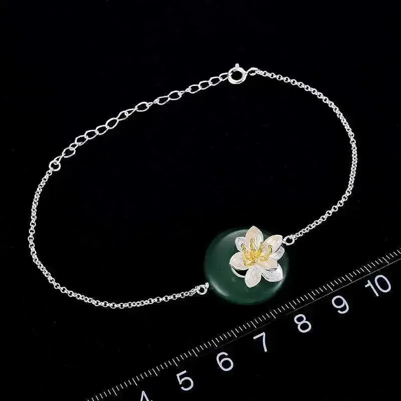 Sterling Silver Aventurine Lotus Flower Bracelet - Enhance Prosperity & Serenity