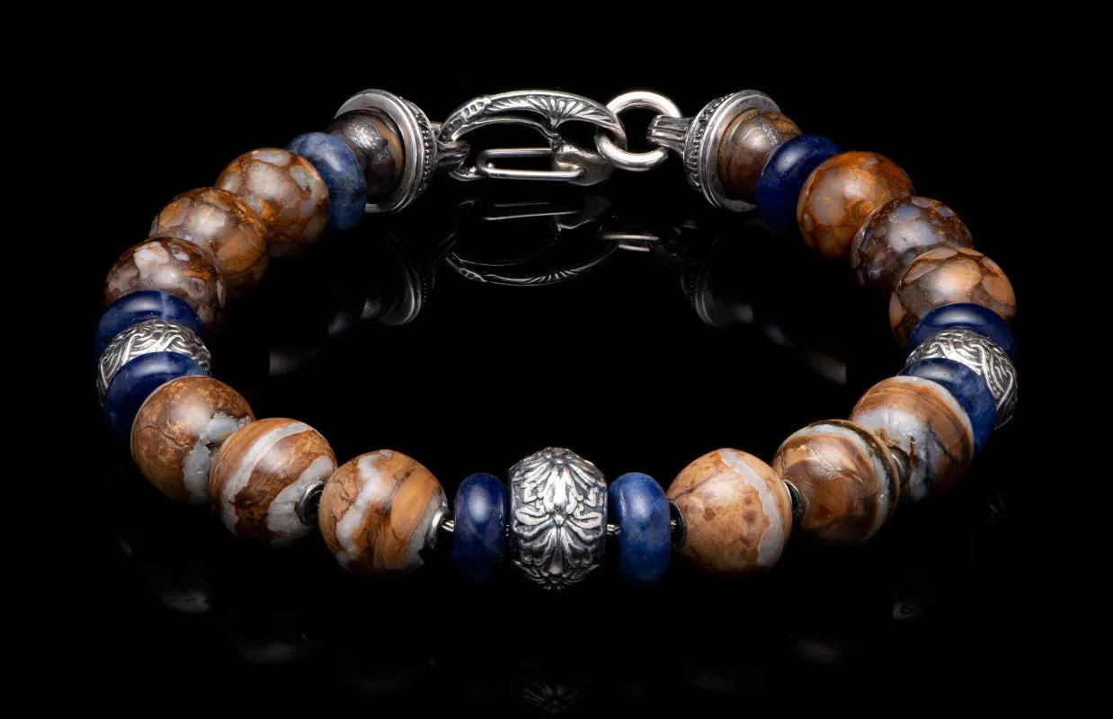 Sterling Silver "SAND AND SEA" Fire Opal, Sodalite 8.5 inch Bracelet