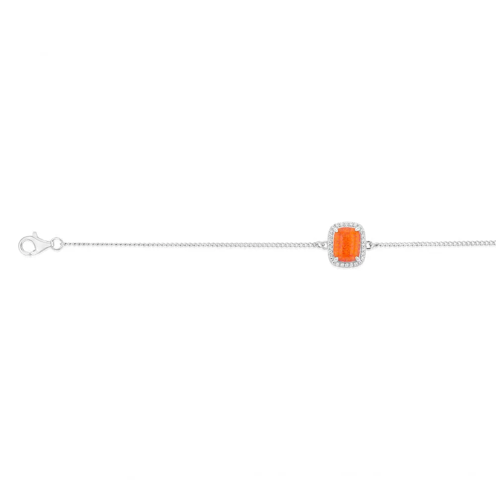 Sterling Silver Rhodium Plated Rectangle Created Orange Opal And White Zirconia 15.5 3cm Bracelet