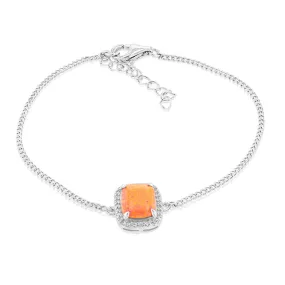 Sterling Silver Rhodium Plated Rectangle Created Orange Opal And White Zirconia 15.5 3cm Bracelet