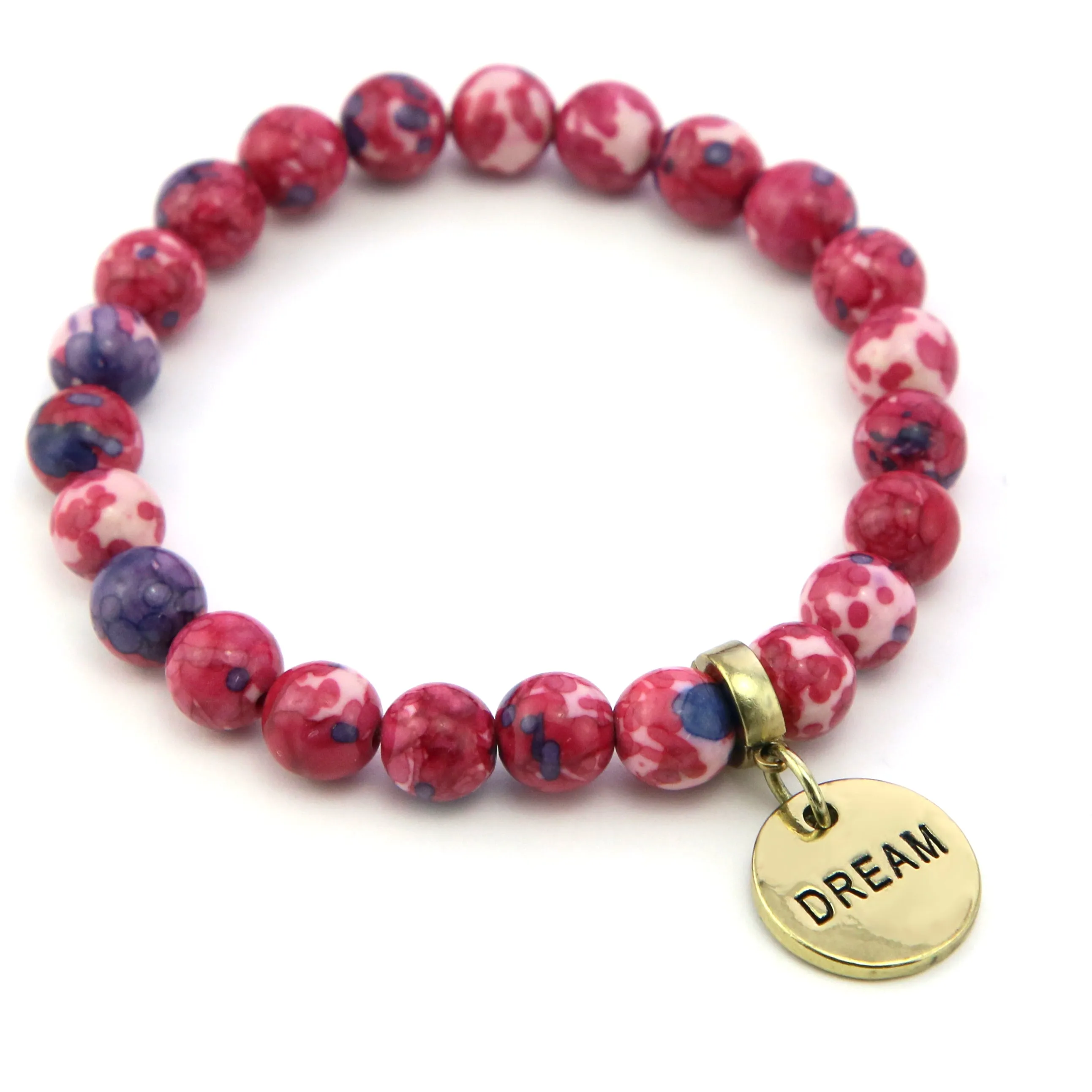 Stone Bracelet - RUBY & INDIGO Patch Agate 8mm Beads - with Vintage Gold Word Charm