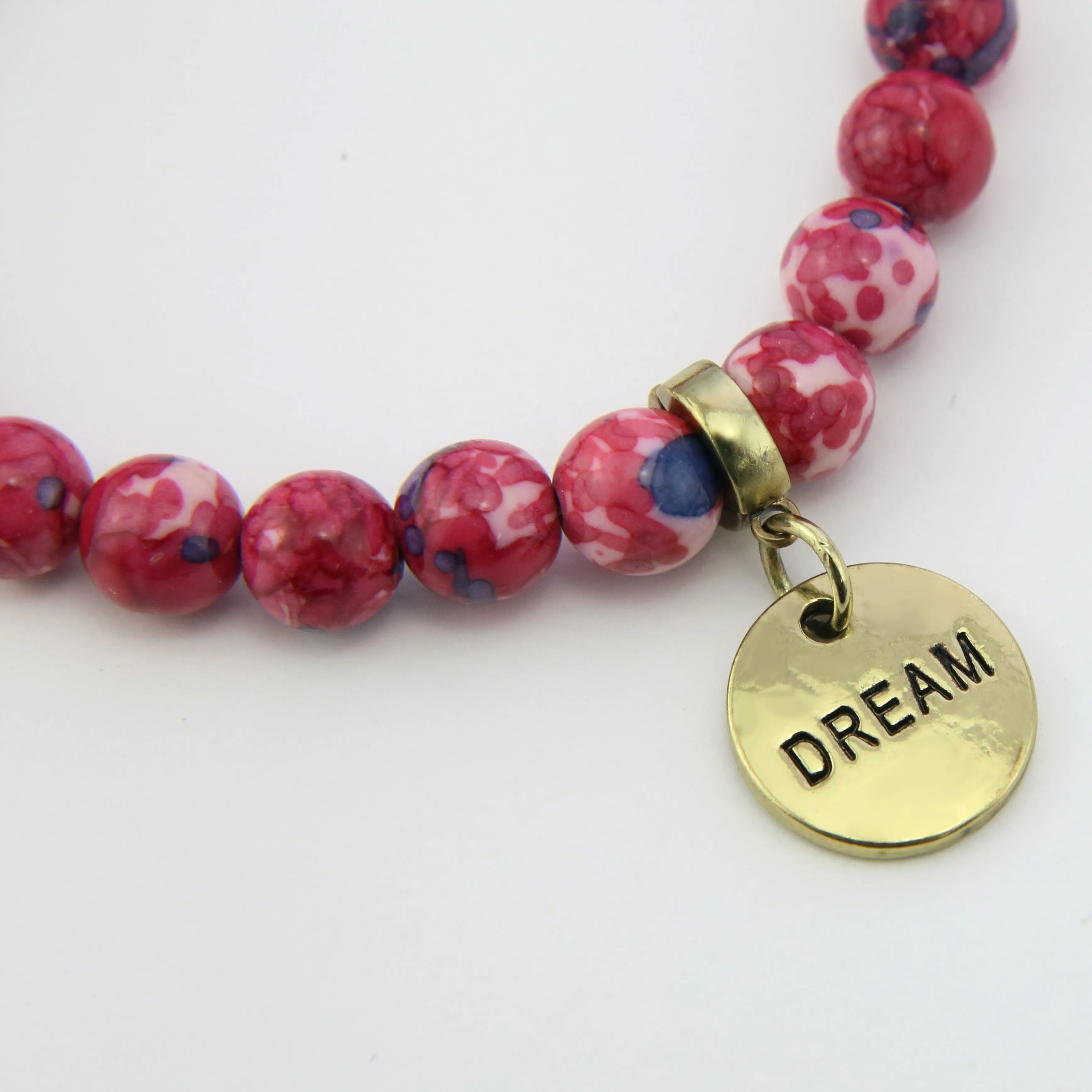 Stone Bracelet - RUBY & INDIGO Patch Agate 8mm Beads - with Vintage Gold Word Charm