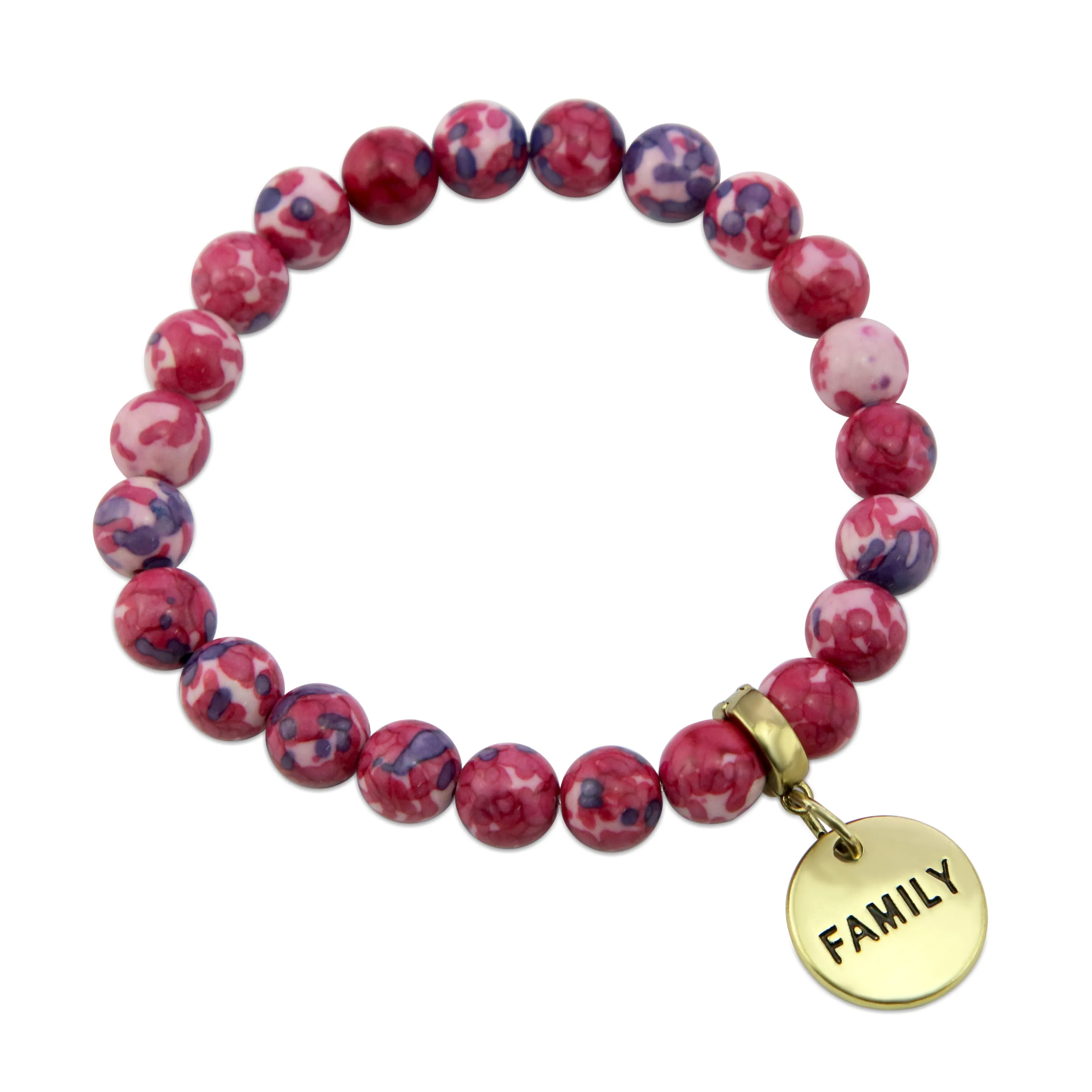 Stone Bracelet - RUBY & INDIGO Patch Agate 8mm Beads - with Vintage Gold Word Charm