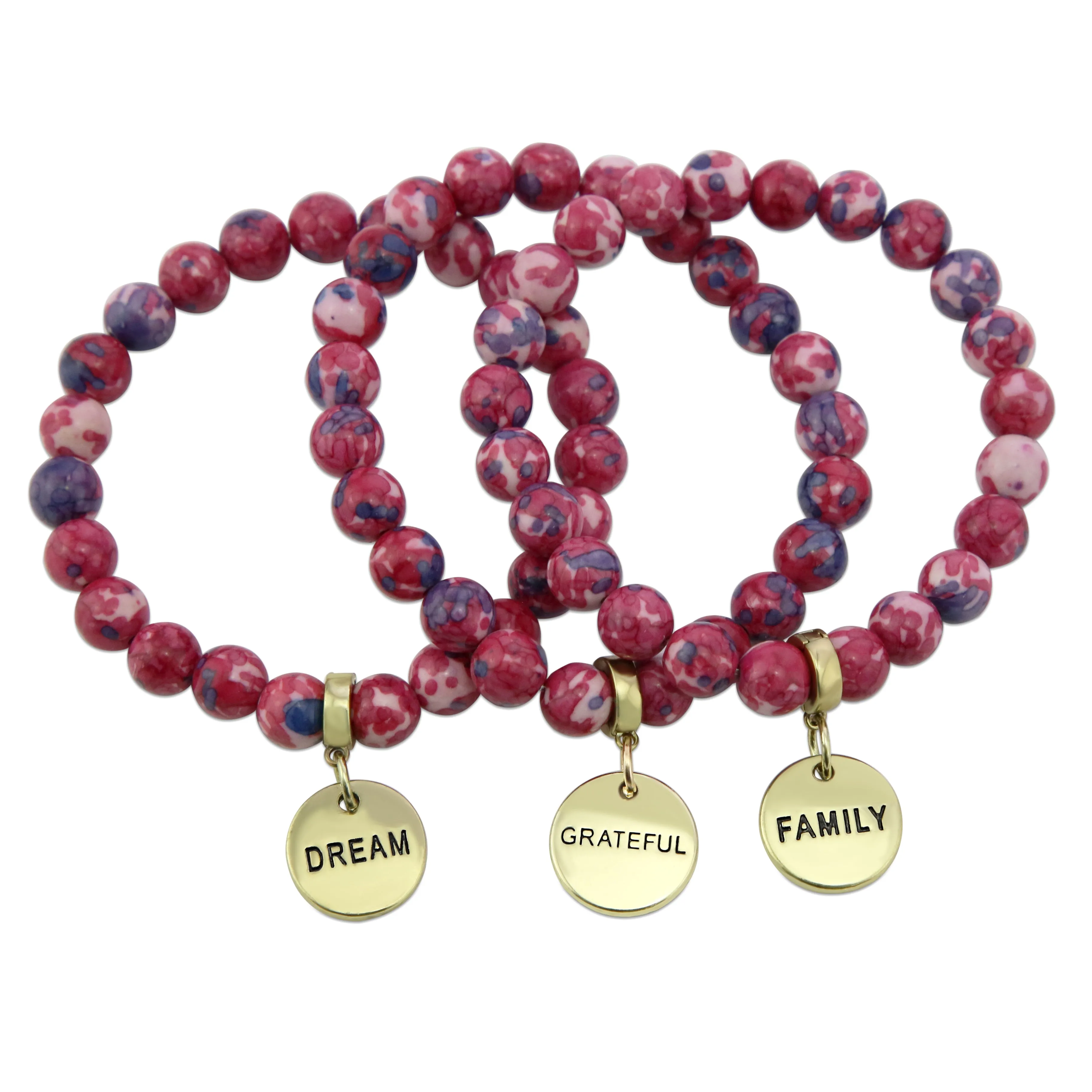 Stone Bracelet - RUBY & INDIGO Patch Agate 8mm Beads - with Vintage Gold Word Charm