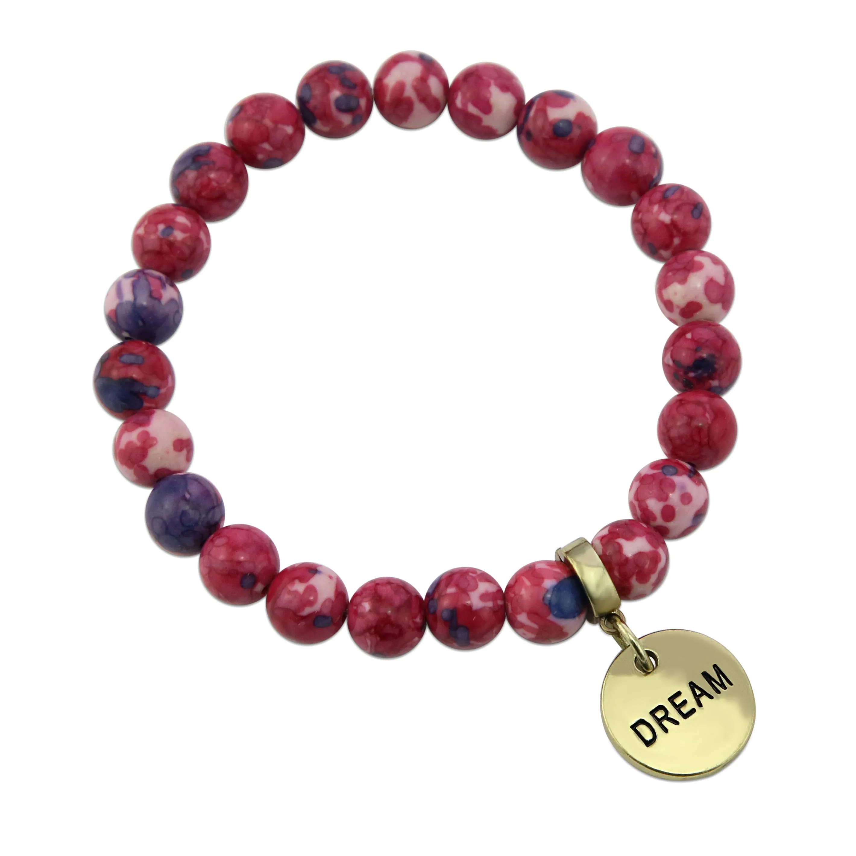 Stone Bracelet - RUBY & INDIGO Patch Agate 8mm Beads - with Vintage Gold Word Charm