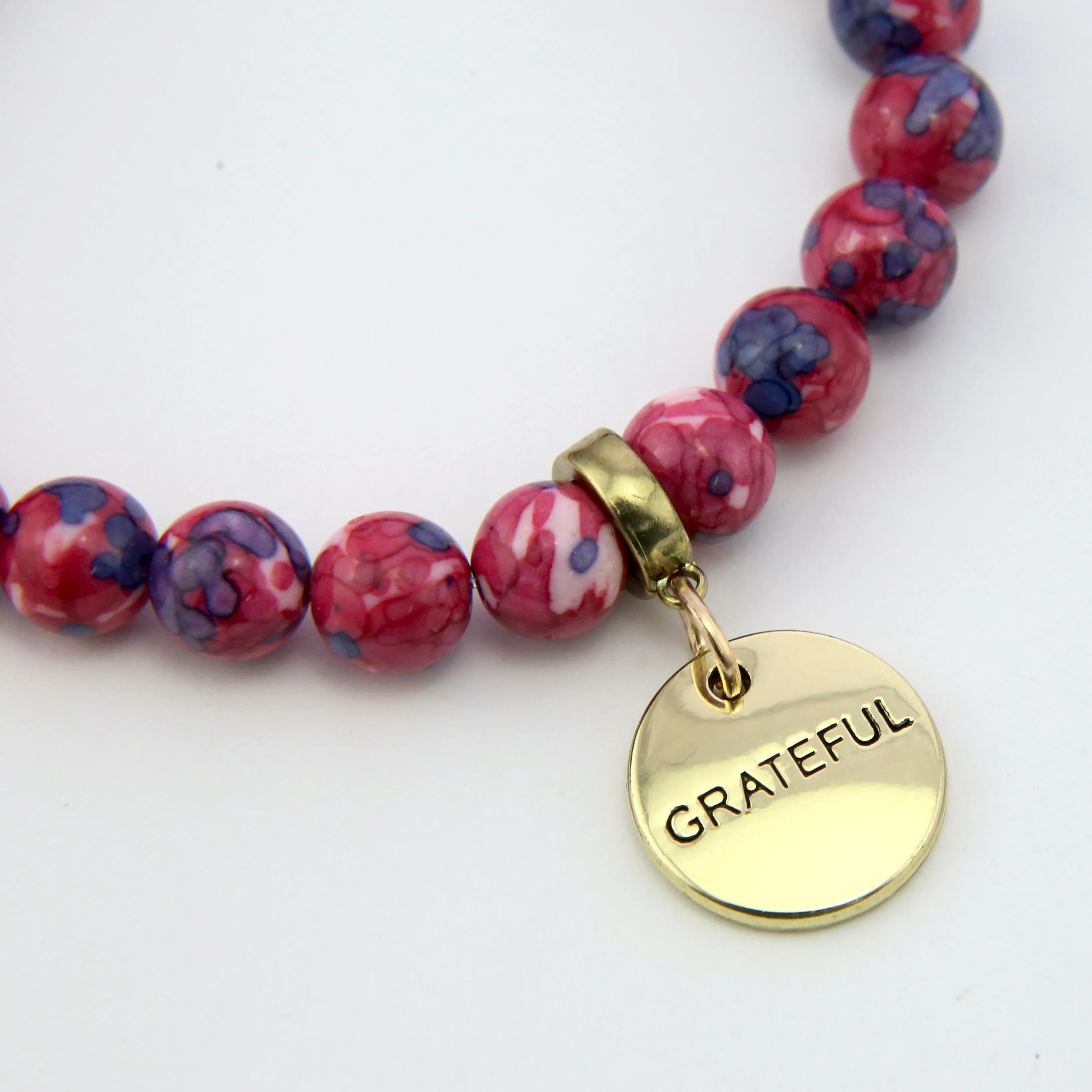 Stone Bracelet - RUBY & INDIGO Patch Agate 8mm Beads - with Vintage Gold Word Charm