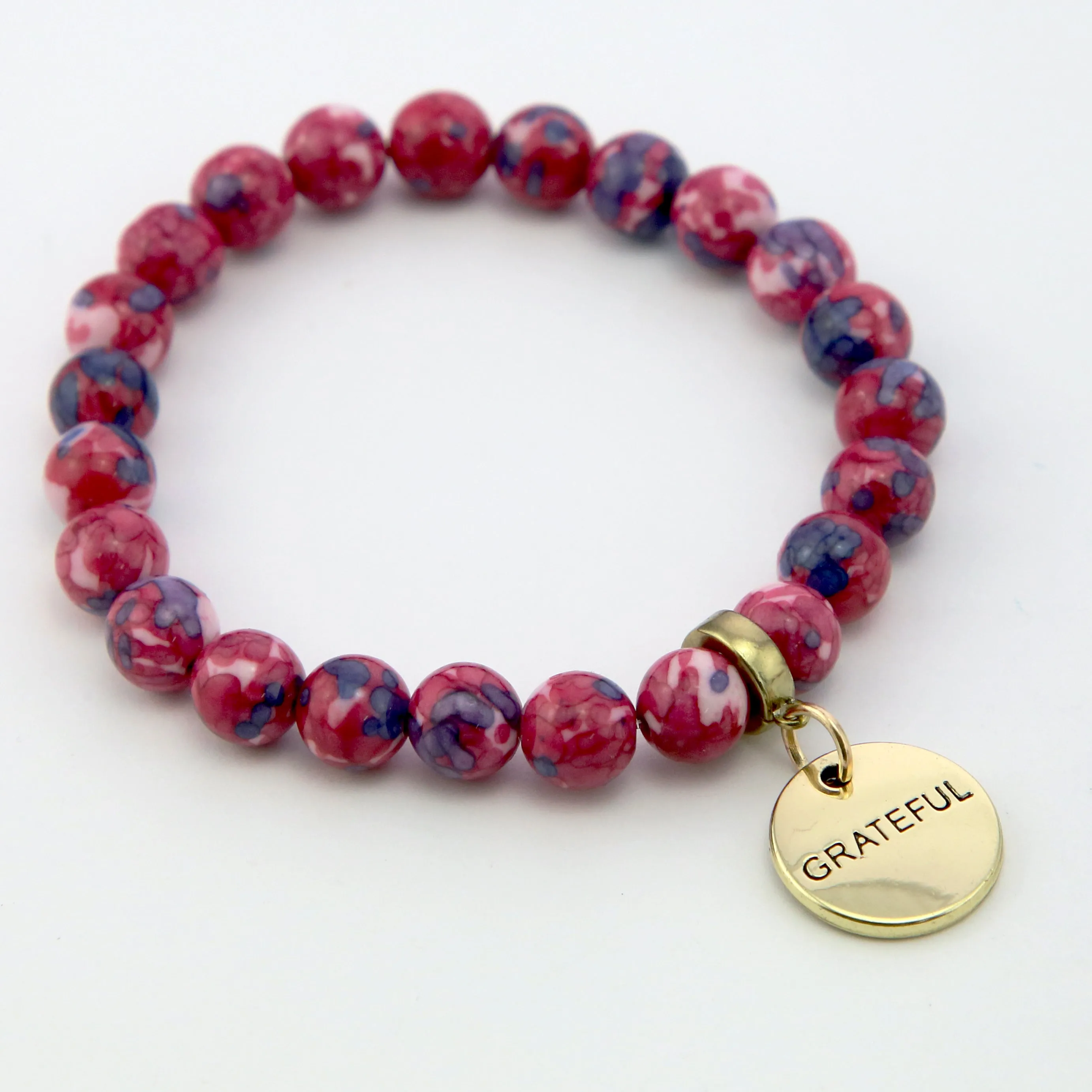 Stone Bracelet - RUBY & INDIGO Patch Agate 8mm Beads - with Vintage Gold Word Charm