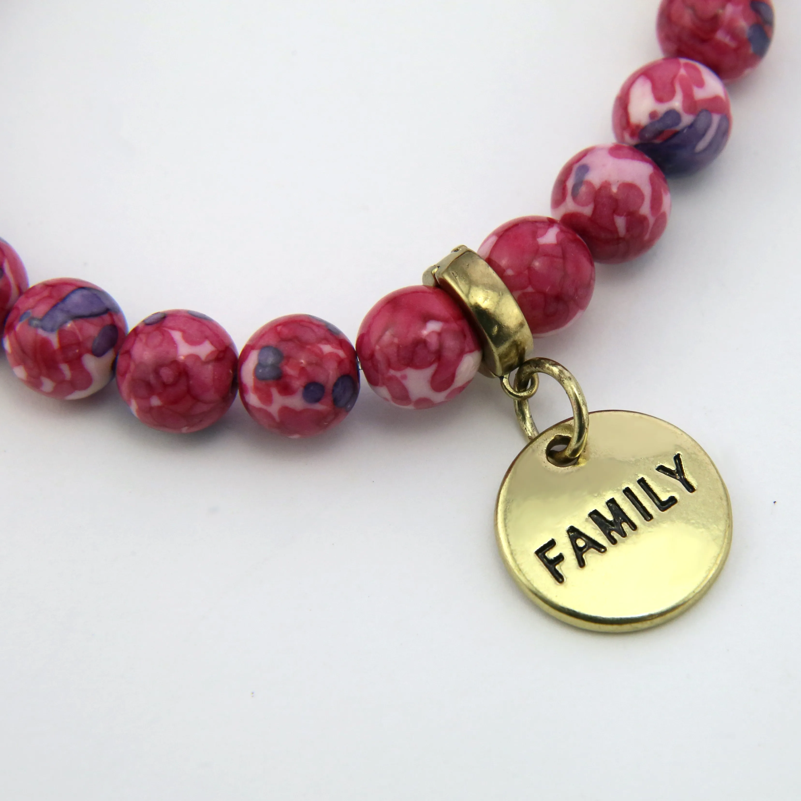 Stone Bracelet - RUBY & INDIGO Patch Agate 8mm Beads - with Vintage Gold Word Charm