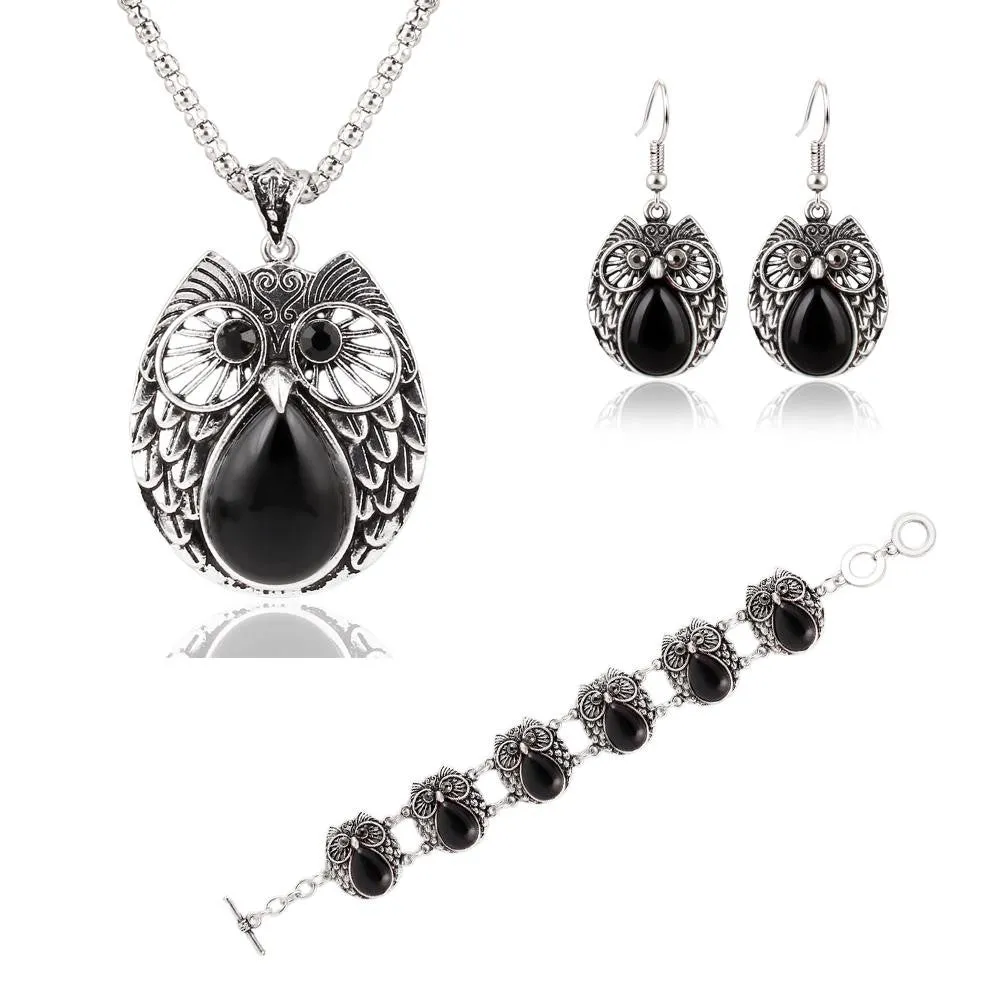 Summer Style Jewelry Sets Silver Plated Vintage Turquoise Pendant Necklace Owl Drop Earrings Charm Bracelet Fashion For women