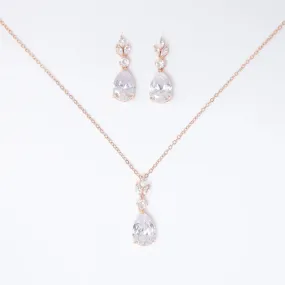 Swarovski Crystal Dainty Rose Gold Leaves Drop Necklace , Bridal Jewelry, Bridal Earrings And Necklace, Statement Earrings Cz, Necklace Set