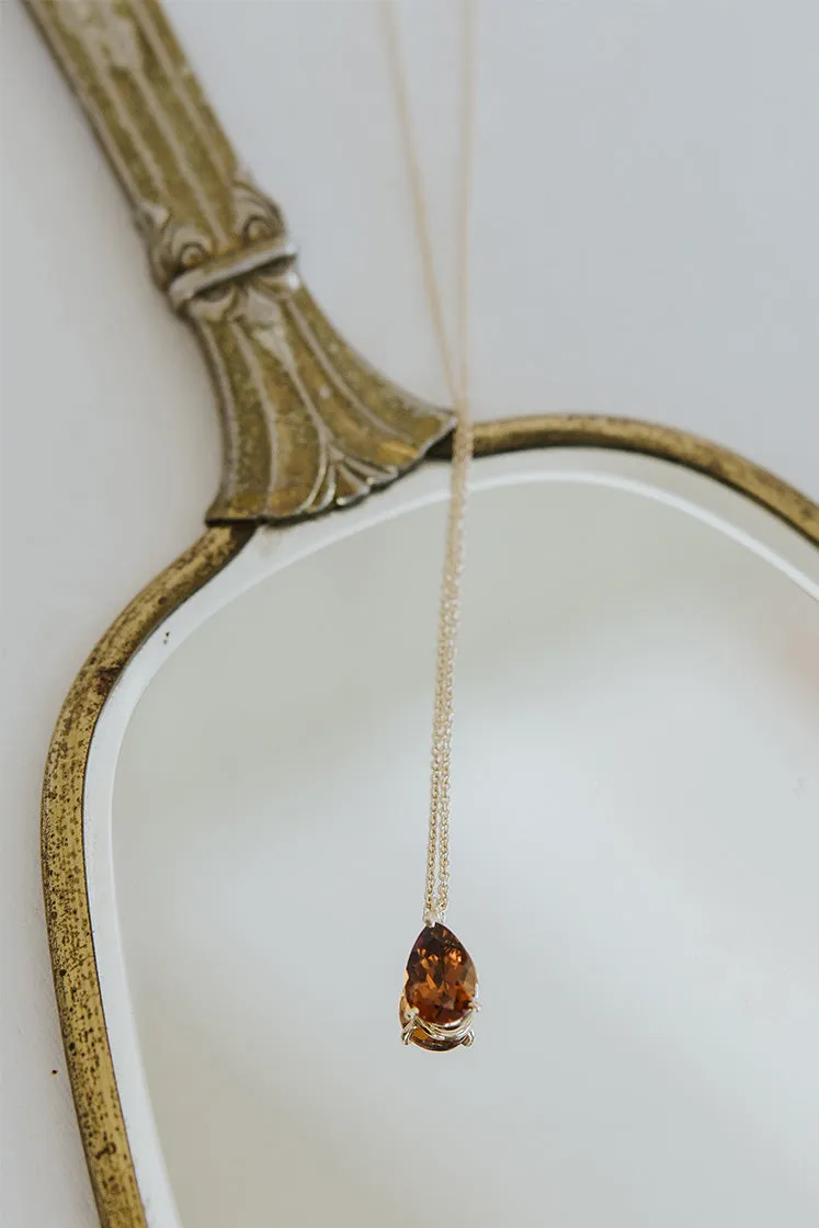 Teardrop Prong Set Necklace - Orange Zircon 14K