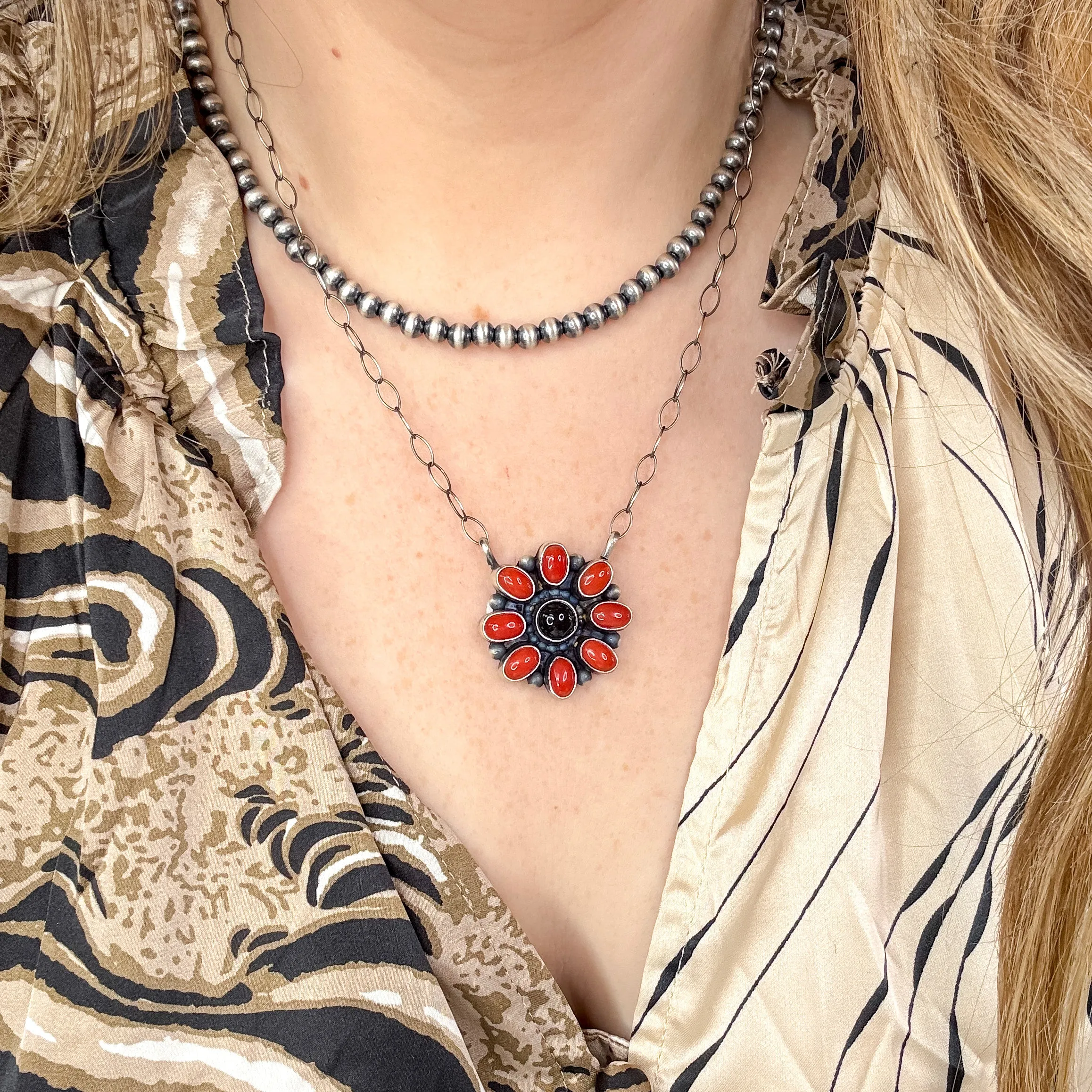 Timothy Yazzie | Navajo Handmade Sterling Silver Stone Flower Pendant Necklace in Red Coral and Onyx