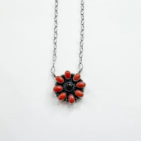 Timothy Yazzie | Navajo Handmade Sterling Silver Stone Flower Pendant Necklace in Red Coral and Onyx