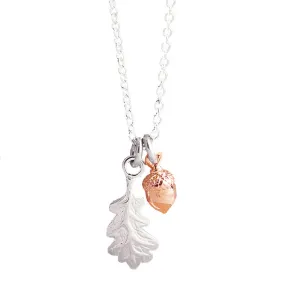 Tiny Acorn & Oak Leaf Silver & Rose Gold Necklace