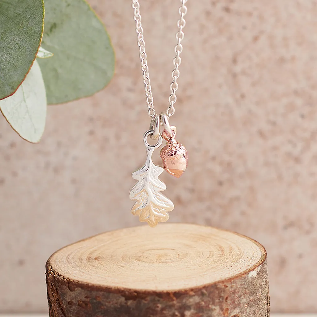 Tiny Acorn & Oak Leaf Silver & Rose Gold Necklace