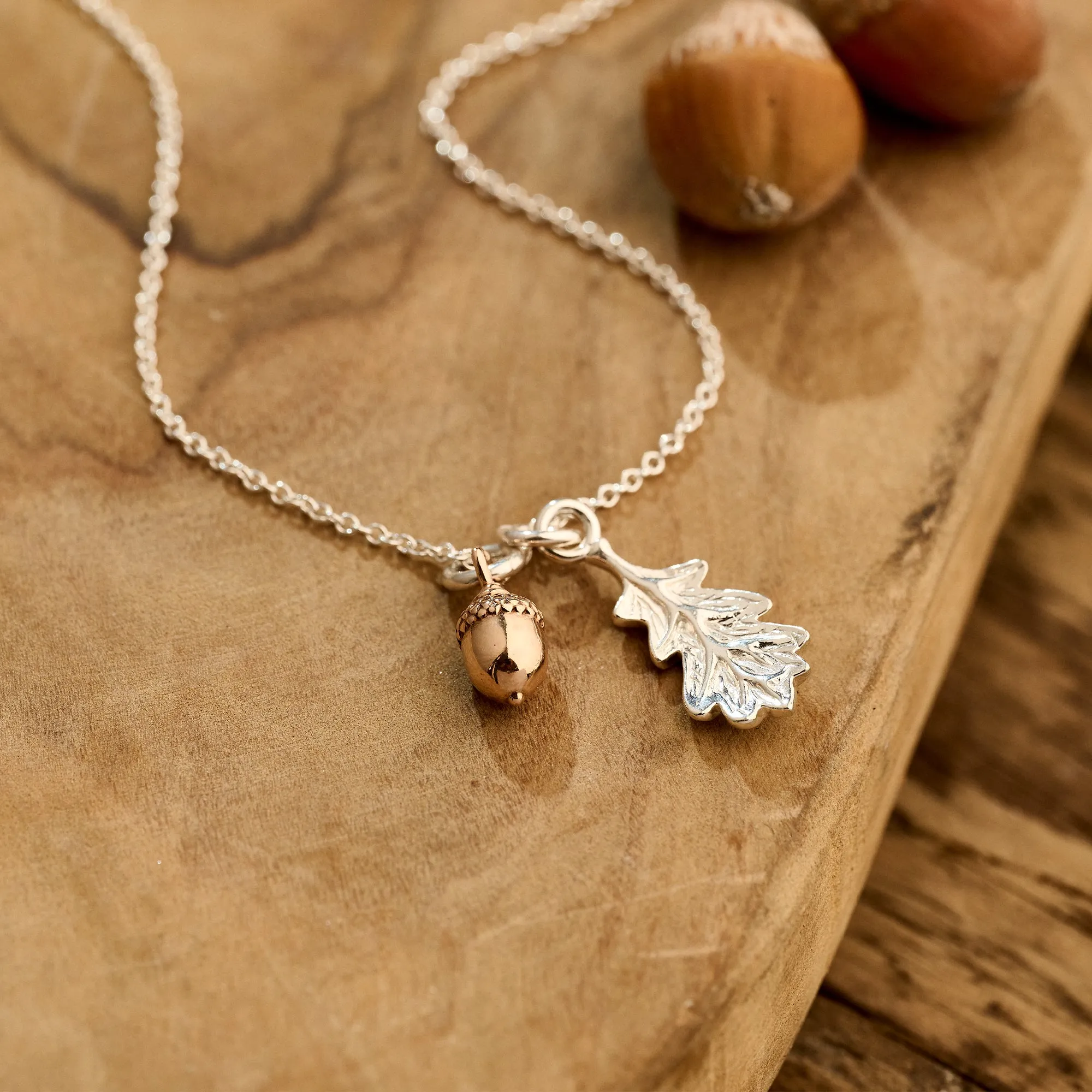 Tiny Acorn & Oak Leaf Silver & Rose Gold Necklace