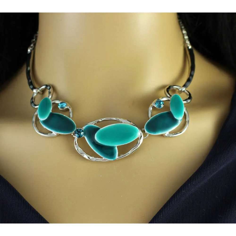 Turquoise Blue Enamel and Silver Ovals Necklace - RSN332