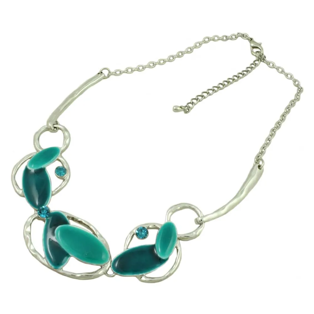 Turquoise Blue Enamel and Silver Ovals Necklace - RSN332