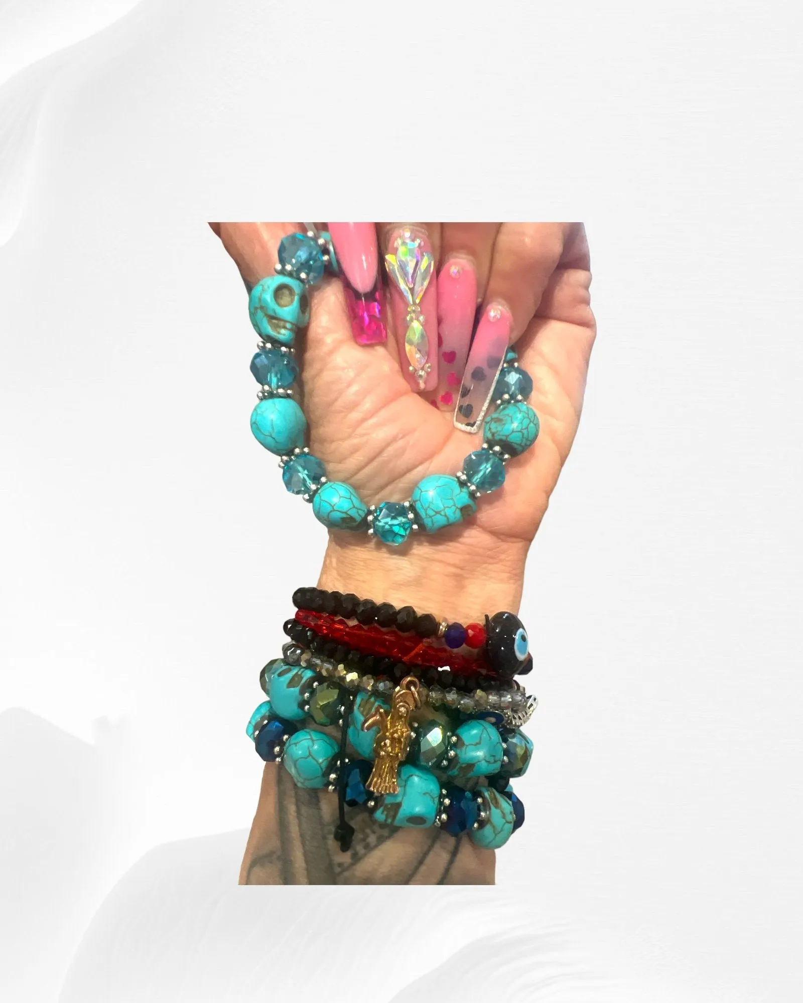 Turquoise Calavera Bracelet with Glass Beads