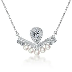 V-shaped Pear Drop Zircon with Pearl Pendant Silver Necklace for Women