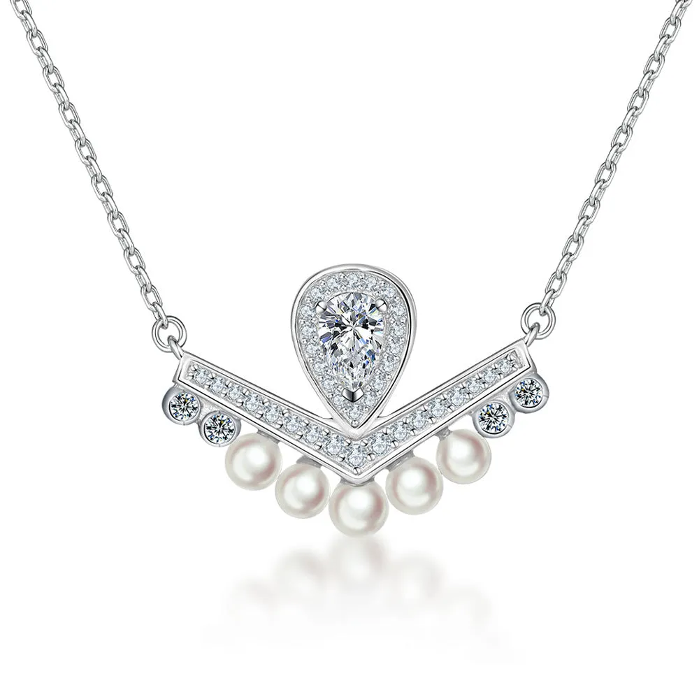 V-shaped Pear Drop Zircon with Pearl Pendant Silver Necklace for Women