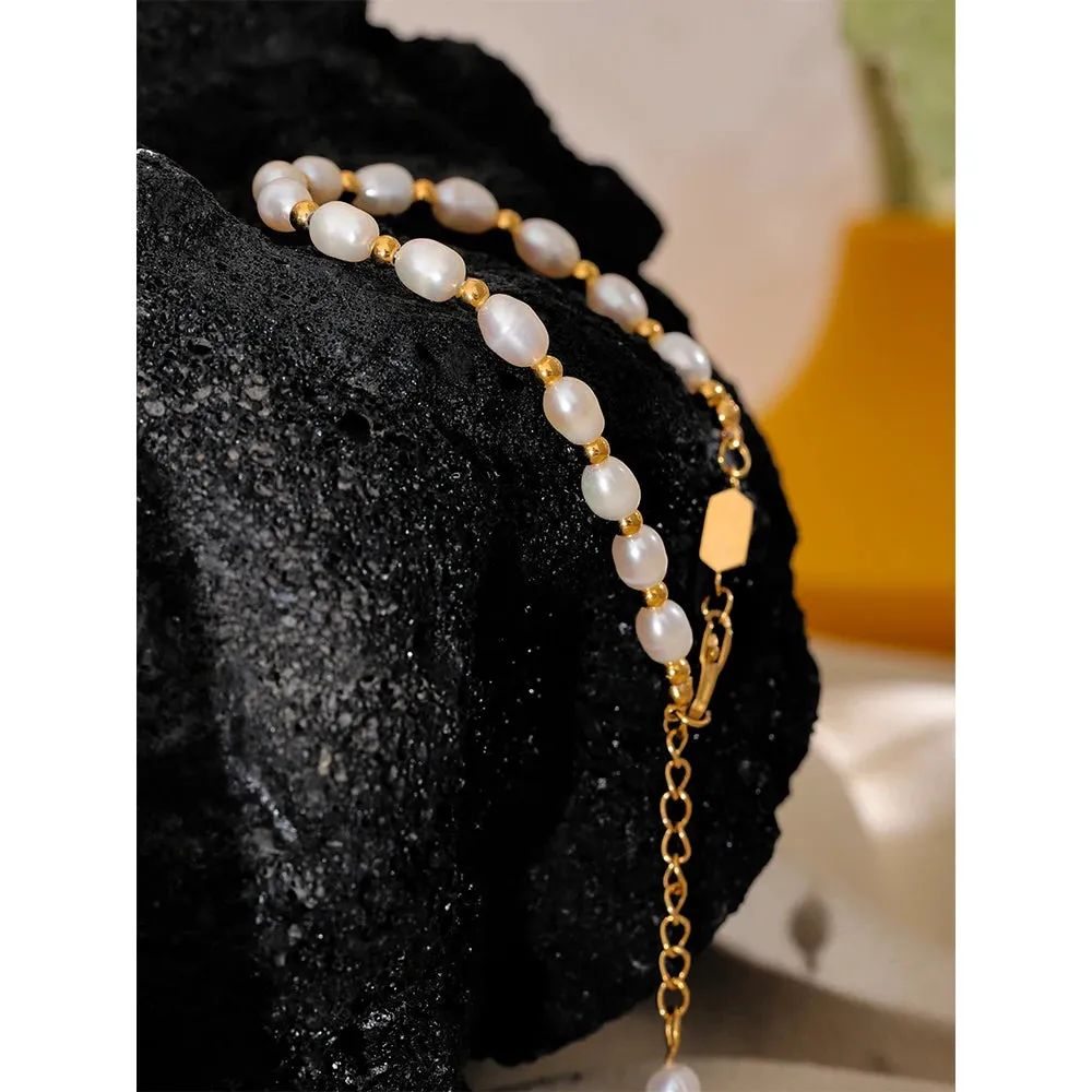 VAIGE Stylish Handmade Freshwater Pearl Bracelet with Waterproof PVD Charms and Stainless Steel Beads