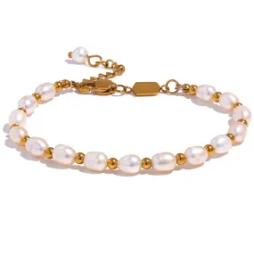 VAIGE Stylish Handmade Freshwater Pearl Bracelet with Waterproof PVD Charms and Stainless Steel Beads