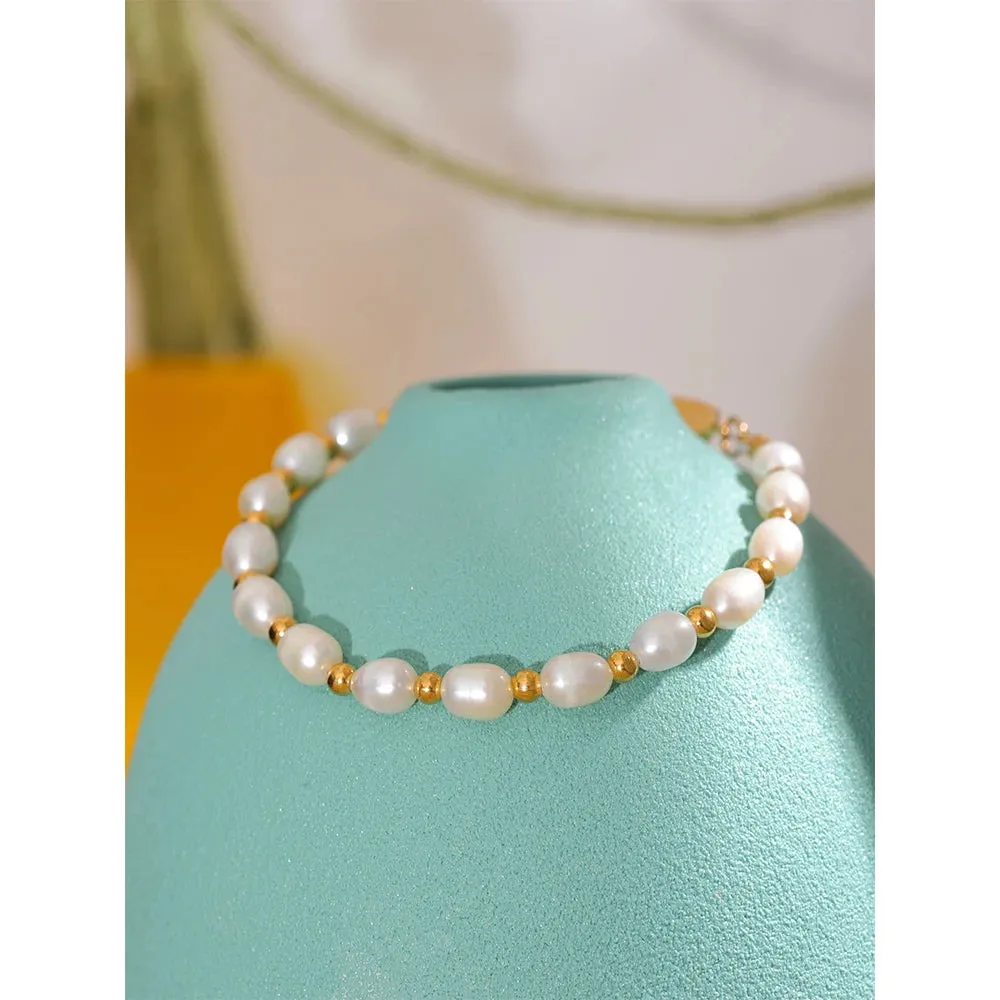 VAIGE Stylish Handmade Freshwater Pearl Bracelet with Waterproof PVD Charms and Stainless Steel Beads