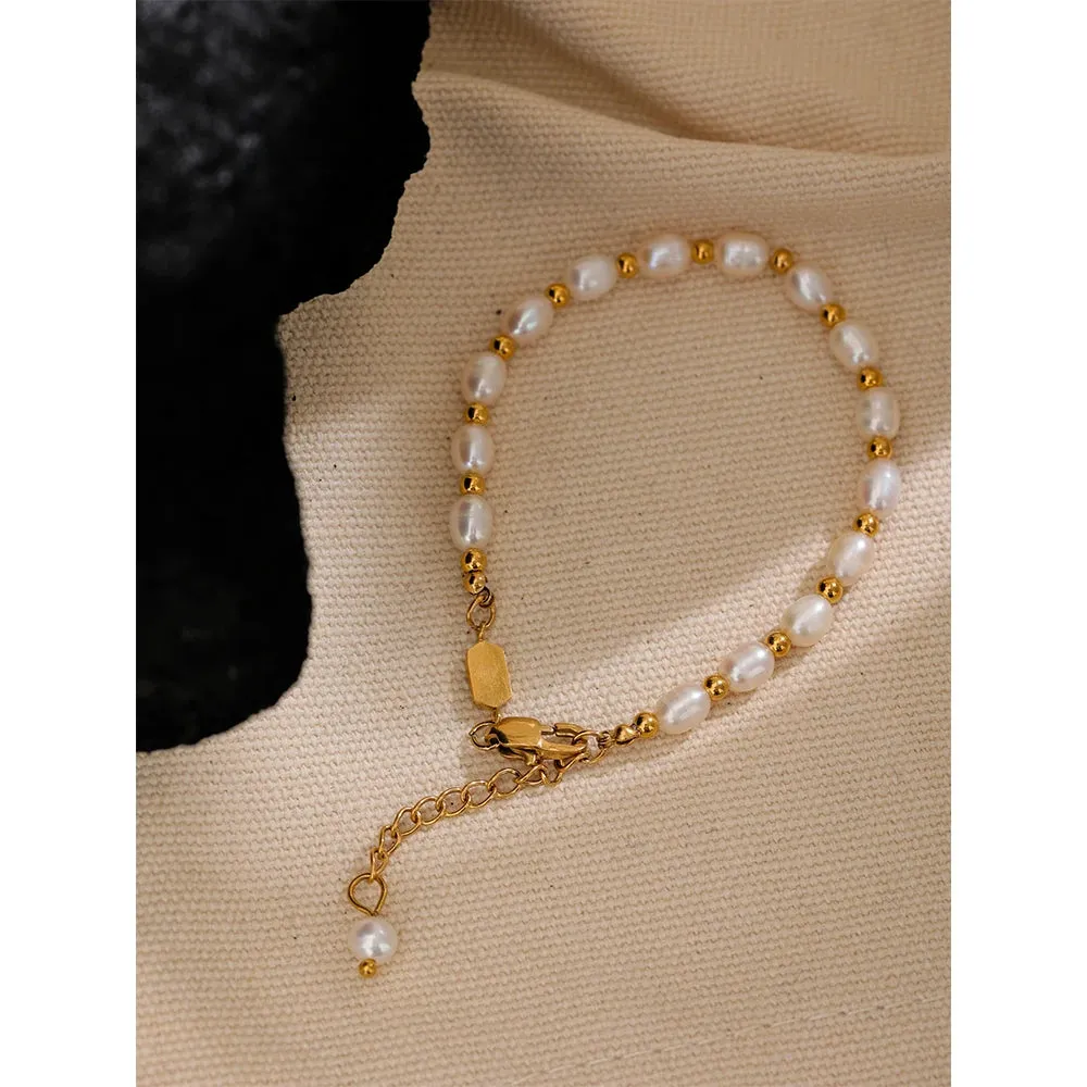 VAIGE Stylish Handmade Freshwater Pearl Bracelet with Waterproof PVD Charms and Stainless Steel Beads