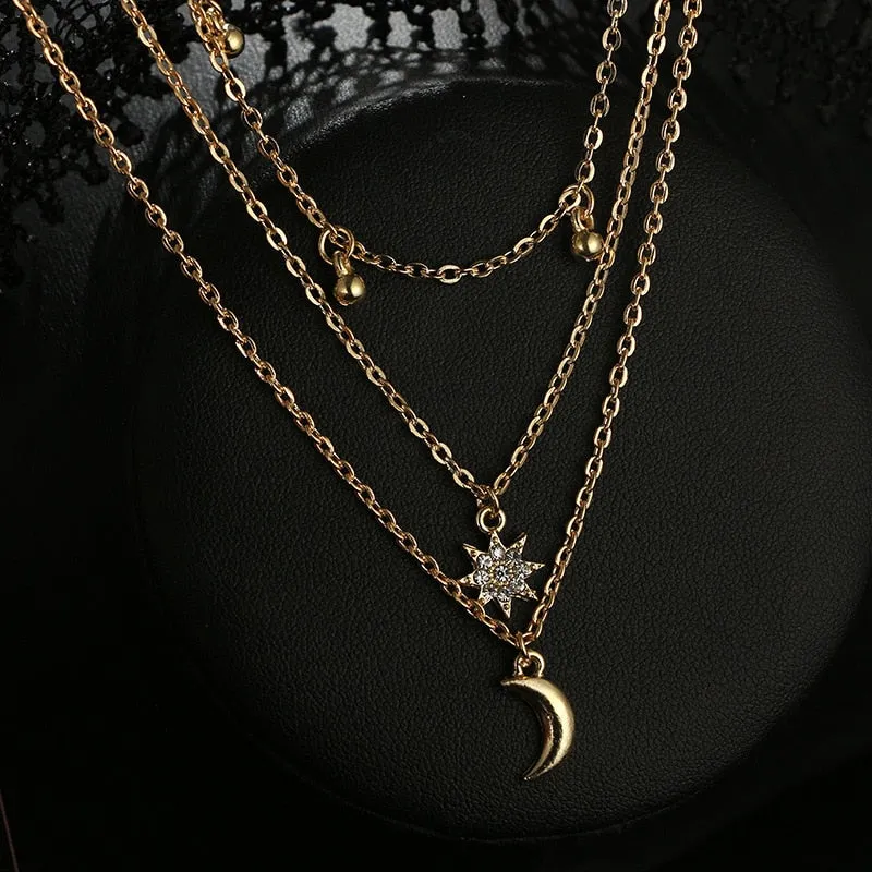 VenusFox Female Necklace Multi Layered Moon Women Necklace Choker Statement Crystal Gold Color Necklace Girl Party Wear Gift Jewelry