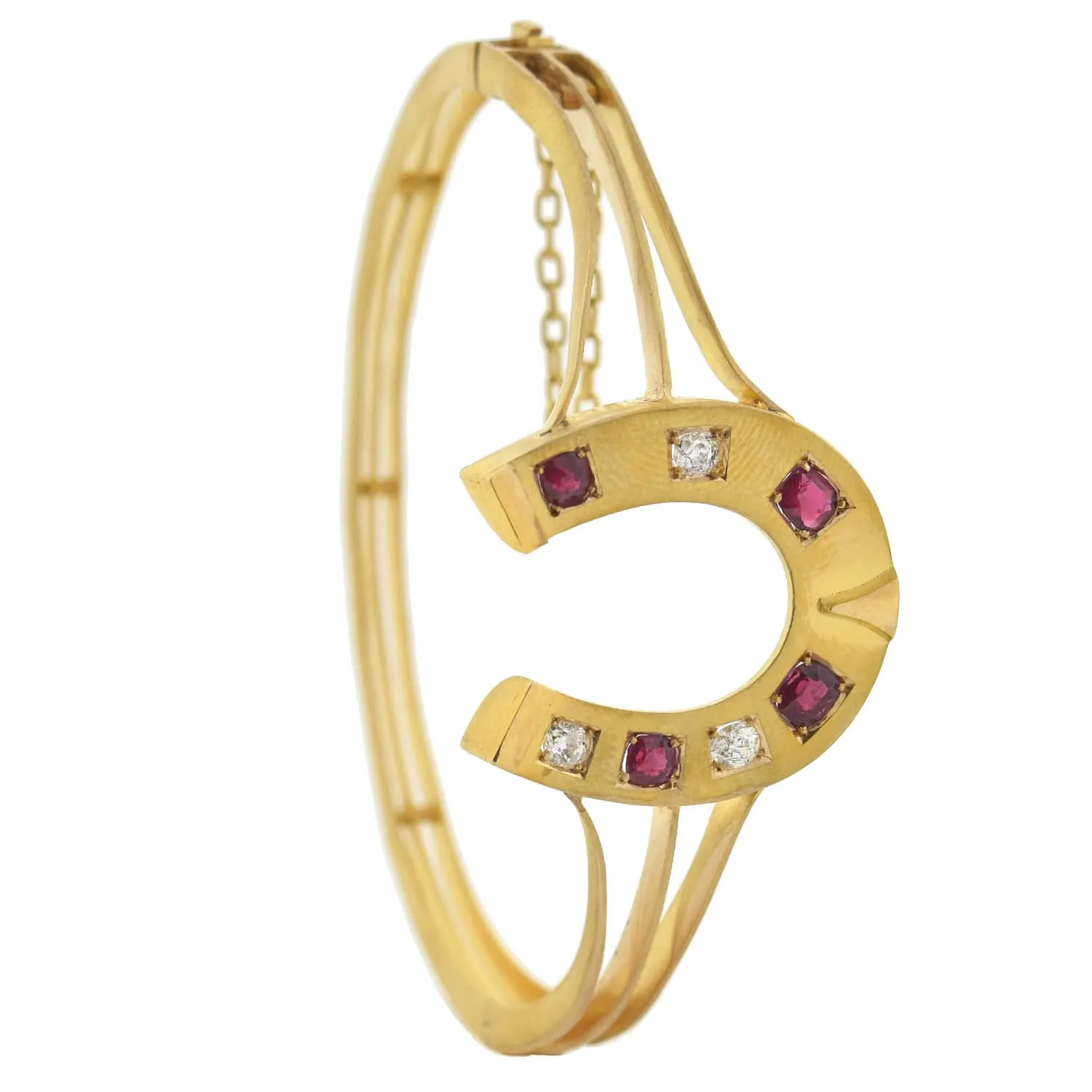 Victorian 18kt Diamond   Natural Ruby Horseshoe Bangle Bracelet