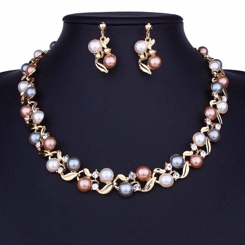 Vining Pearl Bead Collar Necklace and Earring Set